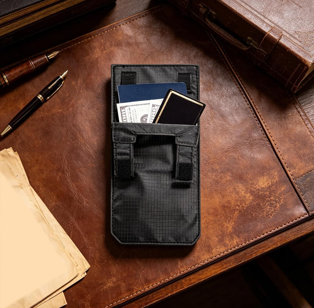 Cartera oculta negra con documentos y billetes sobre una mesa de viaje